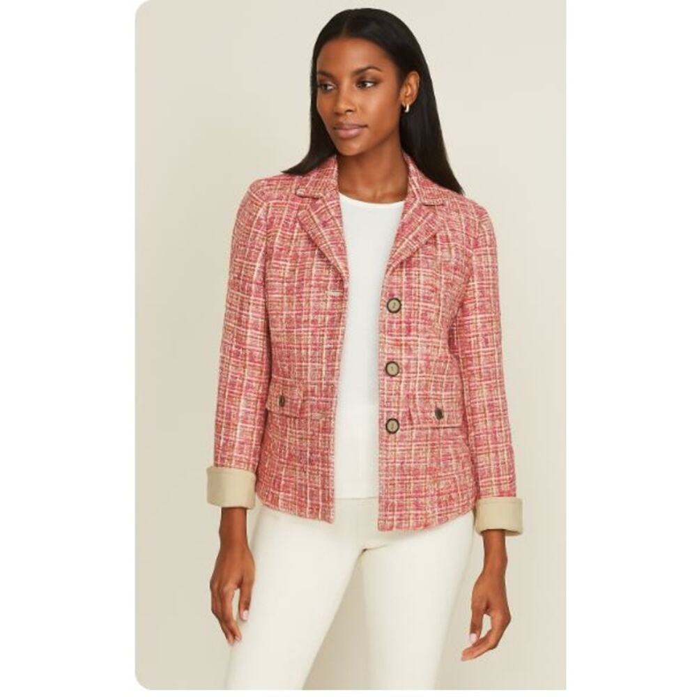 Carlisle Multicolor Pink Khaki Tweed Wool Silk Blend Blazer Jacket Size 6